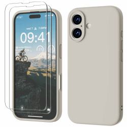 GOODVISH 3 in 1 für iPhone 16 Hülle, mit 2 Stück Schutzfolie Liquid Silikon Hülle [Upgraded Kameraschutz] Soft Mikrofaserfutter Handyhülle Kratzfest stoßfeste Schutz Case für iPhone 16 6.1", StoneGrey iPhone 16 6.1 Zoll StoneGrey