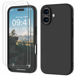 GOODVISH 3 in 1 für iPhone 16 Hülle, mit 2 Stück Schutzfolie Liquid Silikon Hülle [Upgraded Kameraschutz] Soft Mikrofaserfutter Handyhülle Kratzfest stoßfeste Schutz Case für iPhone 16 6.1", Schwarz iPhone 16 6.1 Zoll Schwarz