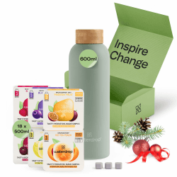waterdrop® Geschenkset – Trinkflasche – 600ml Edelstahlflasche auslaufsicher - 18 zuckerfreie Getränkewürfel zum Auflösen - Kohlensäure geeignet – Premium Geschenkbox - ideal als Weihnachtsgeschenke Olivgrün Matt