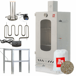 ITA Räucherofen 7012 - Smoker Set mit Rauchgenerator, Heizelement, Tisch & Räucherspänen - Räucherschrank mit 3 Etagen - Legierter Stahl, mit Sichtfenster & Kaminabzug Smoker mit Heizelement + Tisch + Rauchgenerator