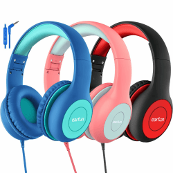 EarFun Kinder Kopfhörer 3er-Pack, Kopfhörer Kinder mit Kabel, 85/94dB Lautstärkenbegrenzer, Faltbare, Einstellbar, Stereo Sound, HD-Mikrofon, Audio-Sharing, Over Ear Kinderkopfhörer für Schule/Reise 85dB/94dB blau + rosa + rot