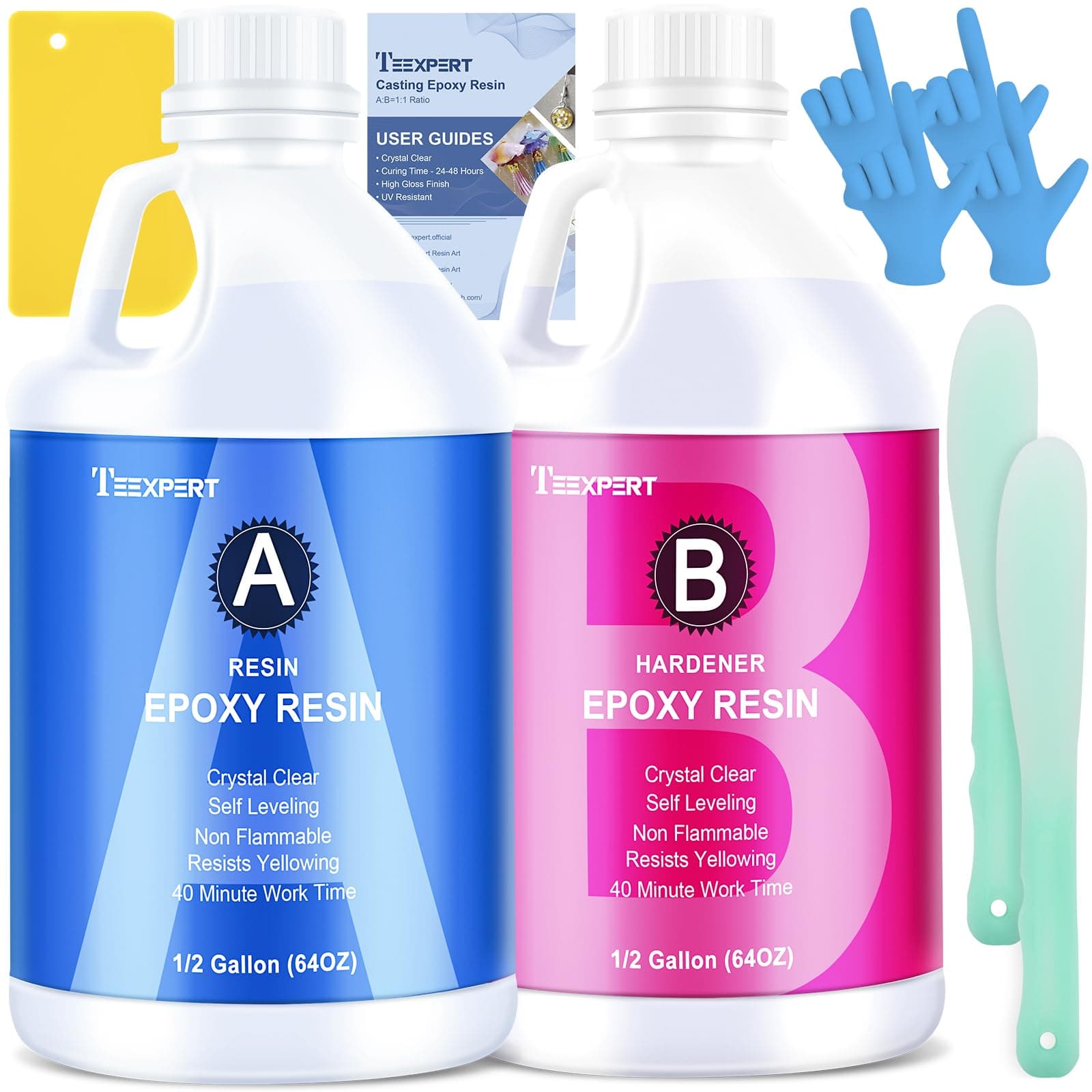 Teexpert Epoxidharz mit Härter, 1gallon/3.8L Hochglanz epoxidharz Set, Blasenfreies Beschichtungs- und Gießharz für DIY-Kunst, Schmuck, Untersetzer, Weihnachtsdekorationen, Tischplatten, Formen, Holz 128OZ