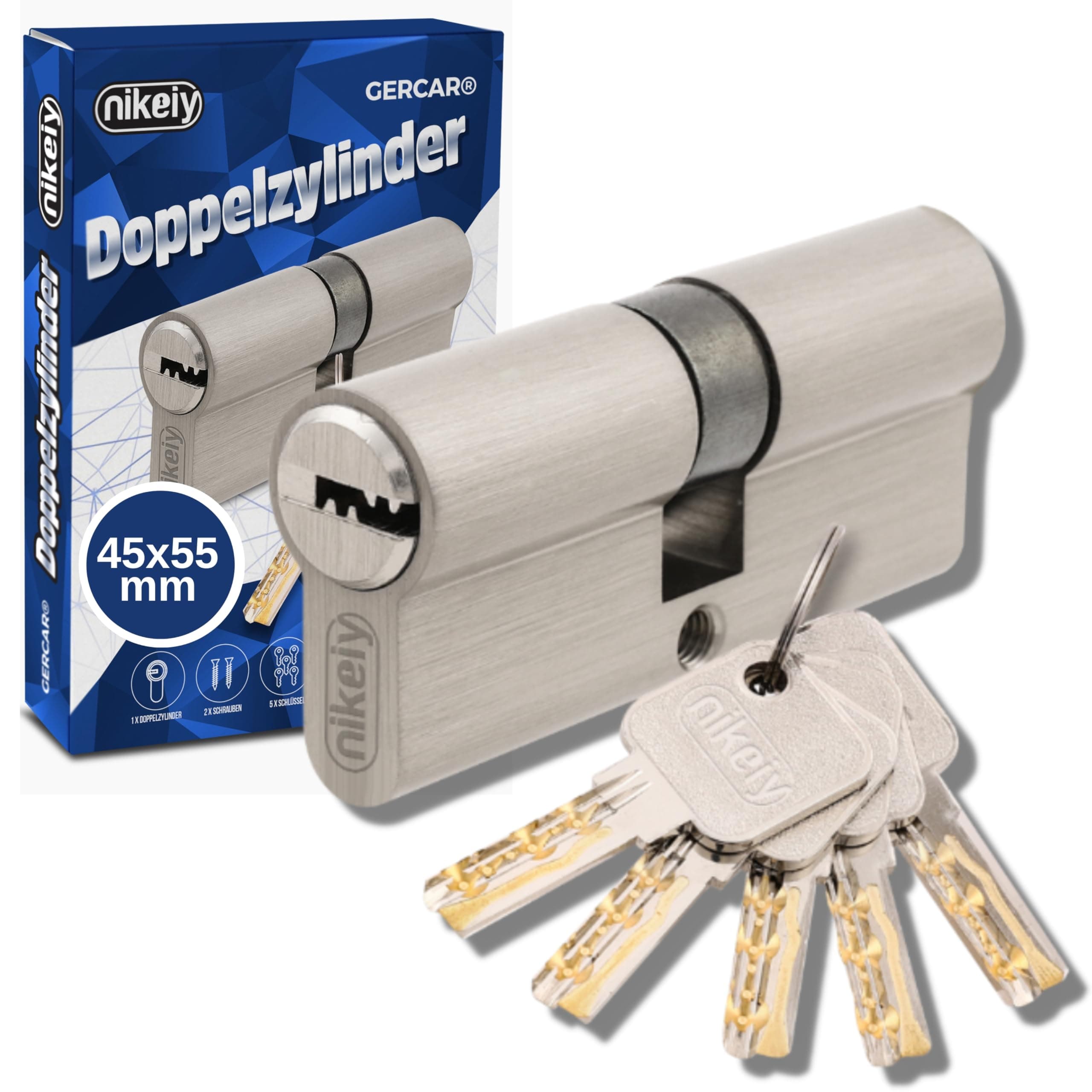 GERCAR Pro Profilzylinder 45/55 Massiver Schließzylinder Doppelzylinder Zylinderschloss Türschloss - aus Messing Vernickelt - inkl. 5 Schlüssel - Wendeschlüssel - Länge: 100 mm, A:45 B:55-1x 100 mm 45/55 Profilzylinder Pro