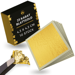 EICHENFELS Essbares Blattgold [ECHT 23 Karat] 10 Stk - 4,3x4,3cm - Laborgeprüftes Blattgold Essbar für Torten - Backen, Kochen, Basteln, Kosmetik - Essbare Goldblätter - Edible Gold Leaf - Gold Essbar 4,3 cm x 4,3 cm