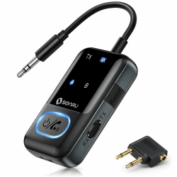 Bluetooth 5.3 Adapter Transmitter Flugzeug, SONRU 2 in 1 Bluetooth Sender Empfänger Bluetooth Sender Klinke AUX 3,5mm Bluetooth Transmitter Receiver für 2 Kopfhörer, Stereoanlage, Autoradio, TV Schwarz