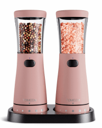 Salz und Pfeffermühlen elektrisch 2er Set aus Edelstahl (Wiederaufladbar, LED Beleuchtung, mit einstellbarem Keramikmahlwerk, Reinigungsbürste Bürste) Gewürzmühle elektrisch Adjustable, Pink