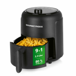 GOURMETmaxx Heißluftfritteuse 2,3L | Airfryer mit 60 Minuten Timer und 9 Funktionen inkl. Vorheizen & Warmhalten | energiesparend & geruchsarm frittieren – nahezu ohne Öl | 1000 W Mattschwarz 2,3 Liter