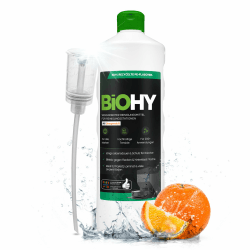 BiOHY Wischroboter Reinigungsmittel für Reinigungsstationen mit Orangenduft (1l Flasche) + Dosierer | Verlängert die Lebensdauer der Absaugstation | Schaumarmes Bodenreiniger Konzentrat Orange 1 l (1er Pack)
