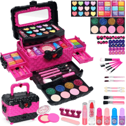 Kinderschminke Set Mädchen Kinder Make Up Set - 57PCS Kinder Schminkkoffer Mädchen Spielzeug,Kinder Schminkset Mädchen,Halloween Weihnachts Geburtstags Geschenke für Mädchen 4 5 6 7 8 9 10-12 Jahre Kinderschminke Mädchen Rose red