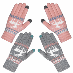 Chalier Fashion Handschuhe Damen Winter Warme Touchscreen Winterhandschuhe Schnee Blume Druck halten warm mit Kaschmir für Frauen und Männer MEHRWEG 1a Rosa + Grau
