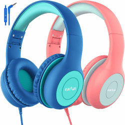 EarFun Kinder Kopfhörer 2er-Pack, Kopfhörer Kinder mit Kabel, 85/94dB Lautstärkenbegrenzer, Faltbare, Einstellbar, Stereo Sound, HD-Mikrofon, Audio-Sharing, Over Ear Kinderkopfhörer für Schule/Reise 85dB/94dB blau + rosa