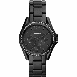 FOSSIL Riley Uhr für Damen, Chronographenwerk mit Edelstahl- oder Lederarmband Schwartz