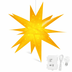 Qijieda 3D Weihnachtsstern Beleuchtet Außen Batterie mit Timer - 58cm led Weihnachtsstern für Fenster, Adventsstern Stern Zum Dekorieren von Innenhof, Balkon Und Garten (Yellow, 58cm) φ58 X 58cm Gelb