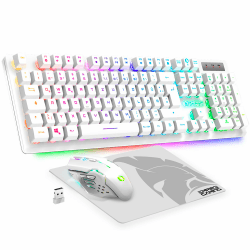 EMPIRE GAMING - Armor RF800 Wireless Wiederaufladbare Gaming Tastatur und Maus Set QWERTZ (DE-Layout) - Tastatur 2,4GHz RGB - Maus 4800 DPI mit Mauspad - PC PS4 PS5 Xbox One/Serie Mac - Weiß RF800 Wireless Weiß