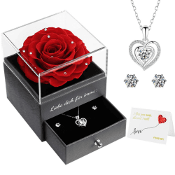 Miofula Ewige Rose Geschenke für Frauen, Konservierte Rosen mit Herz Halskette und Ohrringe aus 925 Sterlingsilber, Rosen Geschenkebox für Mama Frau zum Geburtstag Weihnachten Valentinstag Muttertag Kristallrot