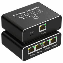Ethernet Splitter 1 auf 4, Gigabit Netzwerk Splitter, 1000Mbps RJ45 LAN Splitter mit USB-C Stromkabel für Computer, Hub, Switch, Router, ADSL, Digital TV, etc. gleichzeitig Arbeiten (1 auf 4)