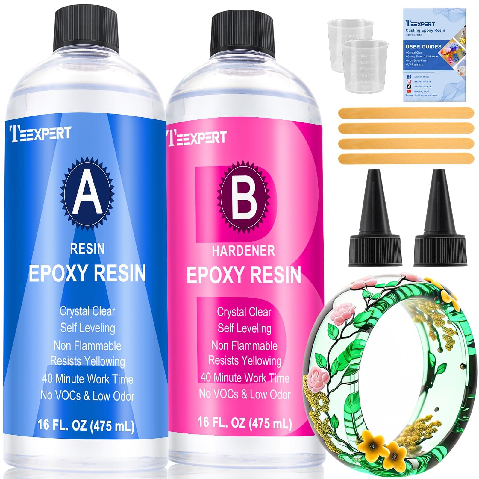 Teexpert Epoxidharz mit Härter, 32oz/950ml Hochglanz epoxidharz Set, Blasenfreies Beschichtungs- und Gießharz für DIY-Kunst, Schmuck, Untersetzer, Weihnachtsdekorationen, Tischplatten, Formen, Holz