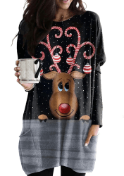 OMZIN Damen Weihnachten Sweatshirt Langarmshirt Weihnachtspullover mit Komisch gedruckt Xmas Outfit Schwarzer Elch M