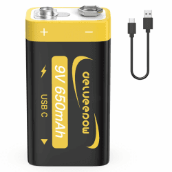 Delyeepow 9V Blockbatterie Batterien, 650mAh wiederaufladbar 9V Block Akku Lithium 1500 Zyklen mit USB-C Kabel, 1 Stück 1 Pack