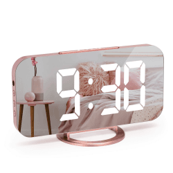 U-picks Wecker Digital, LED Digitale Uhr, 6.5" Tischuhr mit Snooze, Verstellbare Helligkeit, Spiegelwecker 0hne Ticken für Nachttisch, Schlafzimmer,Room Dekor und Büro-Roségold