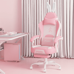 PZDO Rosa Gaming Stuhl mit Abnehmbare Dekoration, Gepolstert Gaming Chair Schreibtischstuhl Bürostuhl PC Computerstuhl mit Fußstütze, Teenager, Mädchen, Erwachsene, Geschenk(Rosa-weiß)