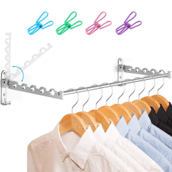 LIVEHITOP Wand Kleiderständer, Kleiderhaken Platzsparender Wandhalter Airer Hängeschiene Wandhaken Stange Aluminium für Waschküche Badezimmer Hotel (Silber, 2) Silber 2