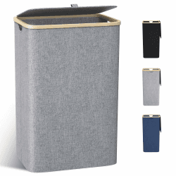 Wäschekorb mit Deckel 100L, Wäschesammler Groß schmal mit herausnehmbaren Wäschesack Laundry Baskets Wäscheschrank Wäschetruhe Wäschetonne für Schmutzwäsche Grau