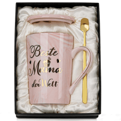 Geschenke für Mama Geschenk, Beste Mama der Welt Tasse - Lustig Mutter Geburtstagsgeschenk für Mama Geburtstag, 400ml Rosa Marmor Tasse mit Goldaufdruck, Deckel Löffel Grußkarte, Edle Geschenkbox Mutter Geschenk