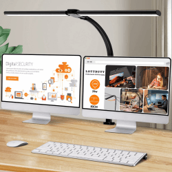 LOTTBUTY Doppelkopf Schreibtischlampe LED dimmbar,24W 80CM klemmbar Homeoffice Tageslichtlampe Schreibtisch Lampe, Schwanenhals Büro Tischlampe schwarz, Augenschutz Monitorlampe,5 Farbmodi M Schwarz
