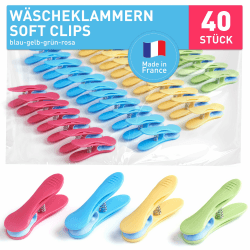 culiclean Wäscheklammern stabil ohne Abdruck Soft Clips 40 Stück blau gelb grün rosa pink robuste Kunststoff Kluppen Soft Grip ideal zum Aufhängen von Wäsche Hosen T Shirts Unterwäsche Socken 40 Stück Blau-gelb-grün-rosa 40 Stück