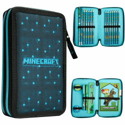 Minecraft Federmäppchen, mit Fächern, gefüllt mit Schulbedarf, Federmäppchen, Schule, Kinder, Jungen, Goodies, offizielles Zubehör für Gamer Blau/Schwarz