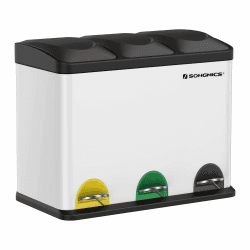 SONGMICS Mülleimer Küche, Mülltrennsystem 3 Fächer, Abfalleimer, 45 Liter Treteimer aus Metall, 3 x 15 Liter, Tretmülleimer mit Deckel, Stahl, wolkenweiß-tintenschwarz LTB45W Wolkenweiß + Tintenschwarz