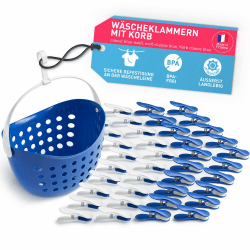 culiclean Wäscheklammern stabil ohne Abdruck Soft Clips mit Wäscheklammernkorb 40 Stück mit Wäscheklammernkorb/Classic Blue weiß weiß Classic Blue Korb Classic Blue Henkel weiß Korb statt Beutel Einheitsgröße 40 Stück Classic Blue-weiss mit Korb Classic B