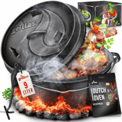 grillas Dutch Oven Set inkl. Rezeptideen | bereits eingebrannt - preseasoned | Feuertopf Gusseisen I Bräter mit Deckelheber und Henkel (Topf ohne Füße, 9 Liter / 9 QT) Topf ohne Füße 9 Liter / 9 QT
