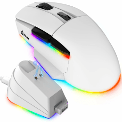 KLIM Blaze X RGB + NEU 2023 + Wiederaufladbare kabellose Gaming-Maus mit Ladestation + Langlebiger Akku + Bis zu 12000 DPI + Kabelgebundene & kabellose Maus PC, PS5, PS4, Mac + Weiß