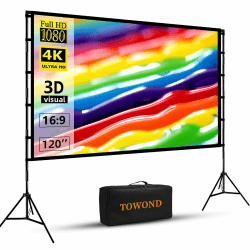 Beamer Leinwand mit Stativ, Towond 120 Zoll Tragbare Indoor Outdoor Beamer Leinwand, Faltenfrei Rückseite Front 16:9 HD Faltbare Projektion Leinwand mit Tragetasche für Haus Hinterhof Theater Nächte