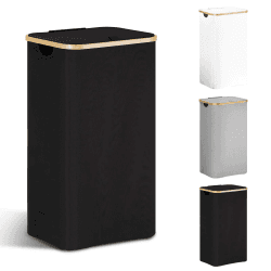 YOUDENOVA Wäschekorb mit Deckel 85L Wäschesammler schmal mit Wäschesack Groß faltbarer Wäschesortierer Holz Bambus Wäschetruhe hoch Laundry Baskets, Schwarz 85L Schwarz