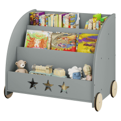 WOLTU Kinderregal Bücherregal für Kinder, Spielzeugregal mit Räder 3 Regale, Holz Standregal Kinderzimmerregal Mehrzweck Organizer(Grau)