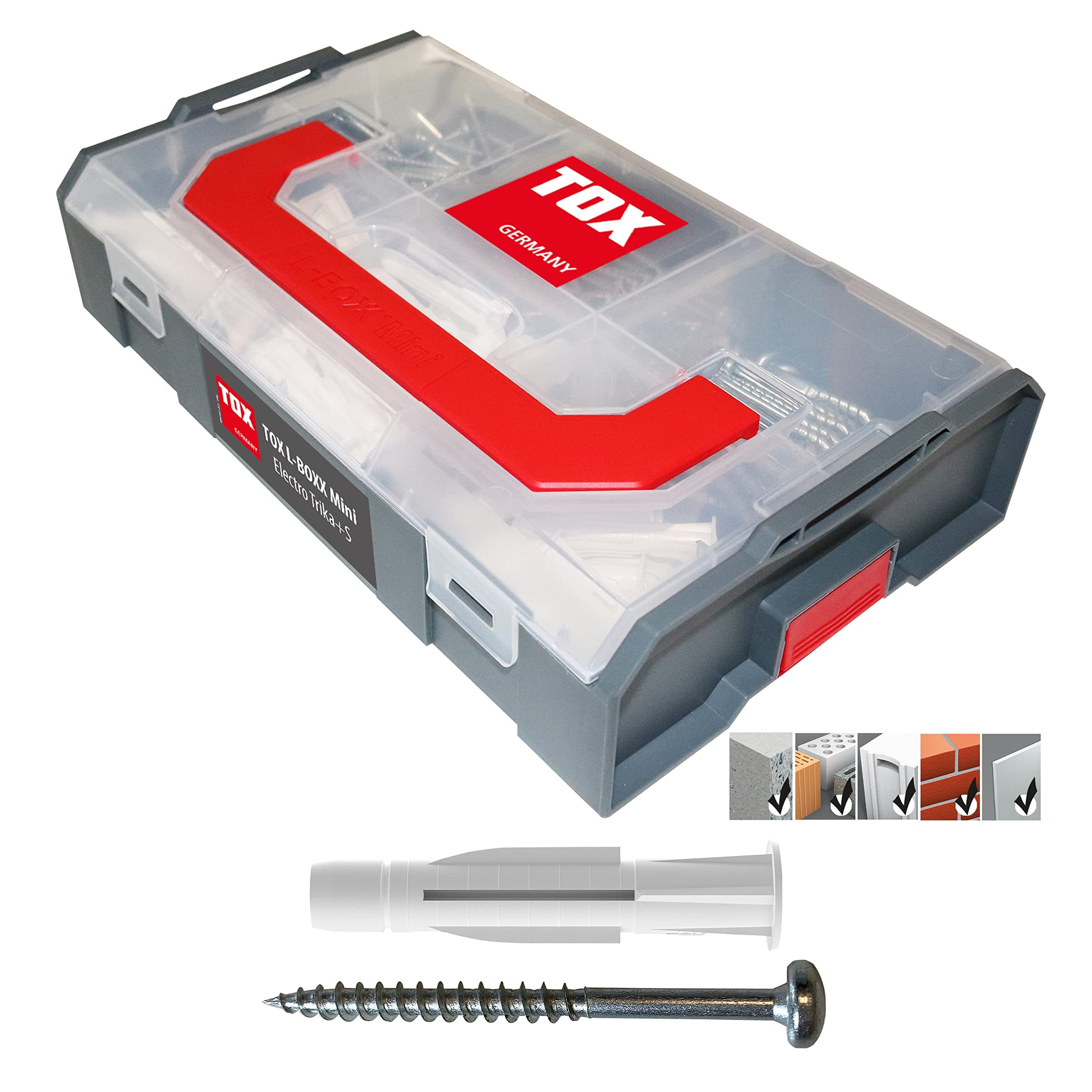 TOX L-BOXX Mini - Electro Trika + S, kompakte, effektive Dübelbox, in bis zu sechs Fächer unterteilbar, Schrauben und Dübel Set für Befestigungen in nahezu allen Baustoffen, 232 tlg, 094901301, Grau Sortiment Trika + Schraube