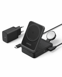 Anker MagGo 3-in-1 Ladestation, Qi2 zertifizierter 15W kabelloser Ladeständer, MagSafe kompatibel, Apple Watch Ladegerät, Für iPhone 16/15/14, AirPods, Apple Watch 9 (Mit 40W USB-C Netzteil) Schwarz