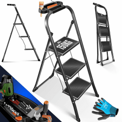 MASKO® Trittleiter Klappleiter 3 Stufen-Leiter Stufenleiter belastbar bis 150 kg | Tritthocker Anti-Rutsch | Klapptritt Leiter inkl. Handschuhe, Werkzeugablage & automatisches Schloss, Schwarz 3 Stufen Schwarz