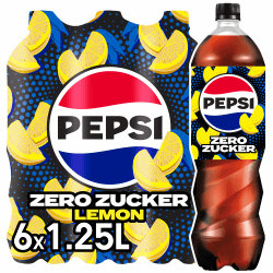 Pepsi Zero Zucker Lemon, Das zuckerfreie Erfrischungsgetränk von Pepsi ohne Kalorien, Koffeinhaltige Cola mit Zitronengeschmack in der Flasche, EINWEG (6 x 1.25 l) Neue Version