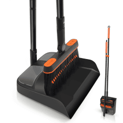 JEHONN Besen und Kehrschaufelset Set mit Langem Griff, 180 Grad Drehbar Kehrmaschine und Kehrschaufel Combo für Haus, Büro, Lobbykehr Schwarz & Orange