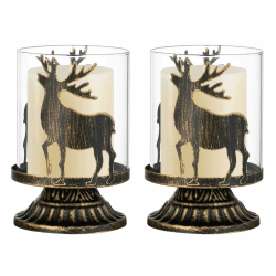 Sziqiqi Hirsch Kerzenständer Kerzenhalter für Weihnachten Tischdeko, Windlichthalter Shabby Chic Teelichthalter Metall für Stumpenkerzen, Hurricane Kerzenleuchter Schwarzer Dekoration für Mantel Kamin Schwarz Hirsch × 2