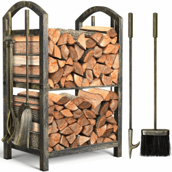 Amagabeli Kaminholzregal Innen Brennholzregal mit 4 Kaminwerkzeug 74x40x30cm Kaminholzständer für Innen und Außen Kaminholzhalter Holzregal für Kamin Kaminofen Besteck Schmiedeeisen Bronze Gold Schwarz