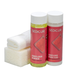 SEDICUR 4-teiliges Kunst- und Textilleder Set. Je 200 ml Reiniger und Fluid, Schwamm und Tuch