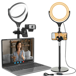 Ringlicht Laptop Videokonferenz Licht, Tisch Ring Light mit Stativ und Handyhalter für Handy & Webcam, LED Lichtring Selfie Ringleuchte für Live, Zoom, Meeting, Streaming, YouTube, TikTok Schwarz-B