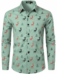 JOGAL Herren Funky Christmas Print Weihnachtsmann Hemd Langarm Button Up Freizeithemd Herren 3XL Grün