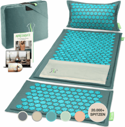 BACKLAXX ® Akupressurmatte mit Kissen, XL [+120% mehr Fläche], Tuch und Tasche, Akupunktur Matte mit Stacheln zur Massage und Entspannung von Nacken und Schulter, Massagematte Rücken Ozeantürkis