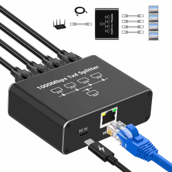 Oliveria LAN Splitter 1 auf 4 1000Mbps Ethernet Splitter LAN Switch 4 Port Mit Type-C-Netzkabel Gigabit Switch für Computer, Hub, Switch, Router, Set-Top Box, Digital TV, et Lan 1 auf 4